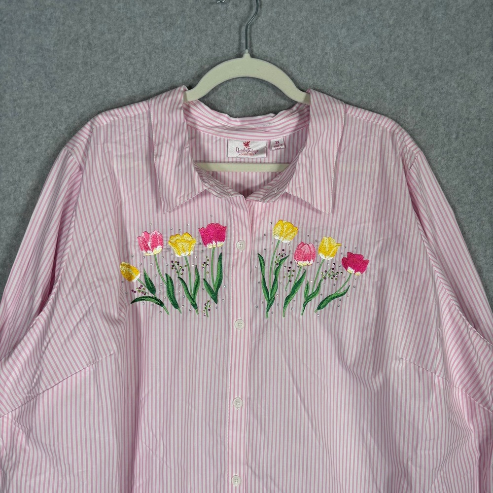 NEW Quacker Factory Button Up Shirt 3X Pink Stripe Floral Embroidered Rhinestone